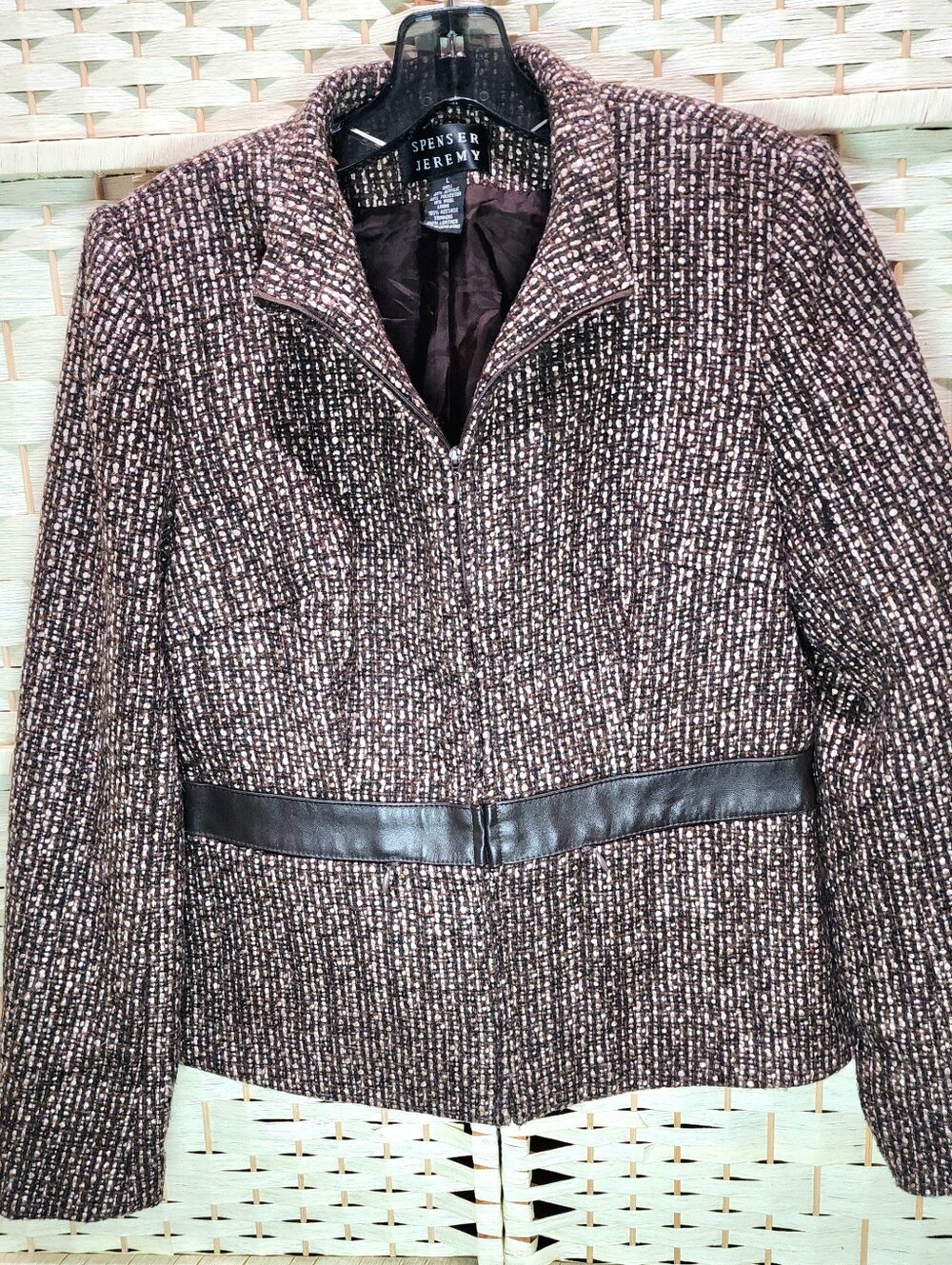 Spenser Jeremy Wool Blend Jacket Women L Brown Leather Trim Lined